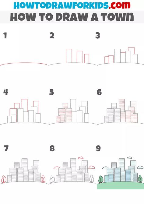 How to Draw a Town - Easy Drawing Tutorial For Kids Draw Buildings, Town Drawing, Square Drawing, Sketching Tips, How To Draw Steps, Easy Drawing Tutorial, Drawing Lesson, Easy Doodles, Building Drawing