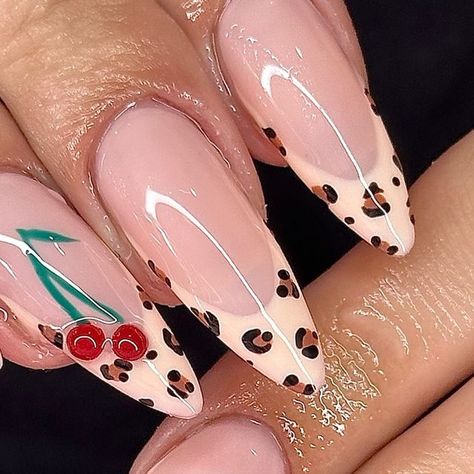 GelX Nails Melbourne on Instagram: "Cheetahs and cherries🐆🍒

Tips: @apresnailaustralia 
Shape: Almond
Length: Long
.
.
.
.
.
.
.
.
.
.
#gelxnails #gelx #gelnails #apresgelx #melbournenails #pakenhamnails #nailtech #frenchtipnails #leopardprint #cherrynails #trendynails #nailsofinstagram #almondnails #stilettonails" Almond Cheetah Nails, Long Almond, Cheetah Nails, Cherry Nails, Short Acrylic, Almond Shaped, Short Acrylic Nails Designs, Cheetahs, French Tip Nails