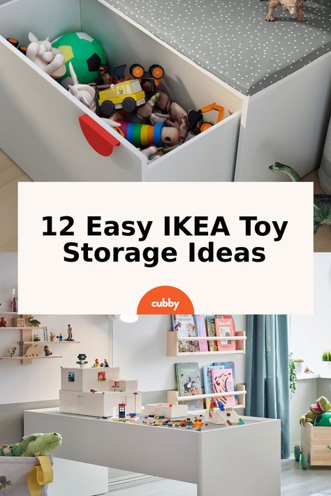 I’m sharing 12 ideas that start with an IKEA product and go on to arrange everything from clothes to toys, art, and school supplies – ideas that make kids’ rooms and play spaces fun, inviting and (hopefully) inspired to keep clean! #ikeahacks #toystorage #storagetips #storageideas Toys Arrangement Ideas, Toy Box Ikea Hack, Kids Toy Storage In Living Room, Ikea Toy Storage Ideas, Toy Storage Ideas For Living Room, School Supplies Ideas, Ikea Kids Storage, Toy Storage Shelves, Ikea Toy Storage