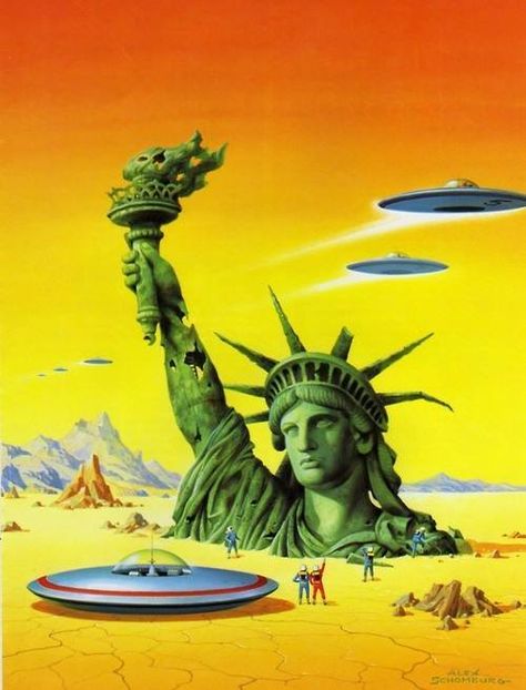 Cool vintage sci/fi art Ufo Art, Flying Saucers, 70s Sci Fi Art, Arte Peculiar, Scifi Fantasy Art, Sf Art, Science Fiction Illustration, Classic Sci Fi, The Statue Of Liberty