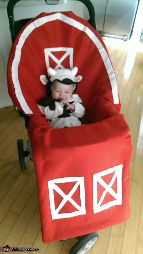 Hailey: I used red and white felt and hot glue to build a barn for my 3 month old son's Halloween costume. It was super easy to make Just cut out... Baby Boy Halloween Costumes, Stroller Costume, Halloween Costumes For Babies, Adorable Halloween Costumes, Costumes For Babies, Sibling Halloween Costumes, First Halloween Costumes