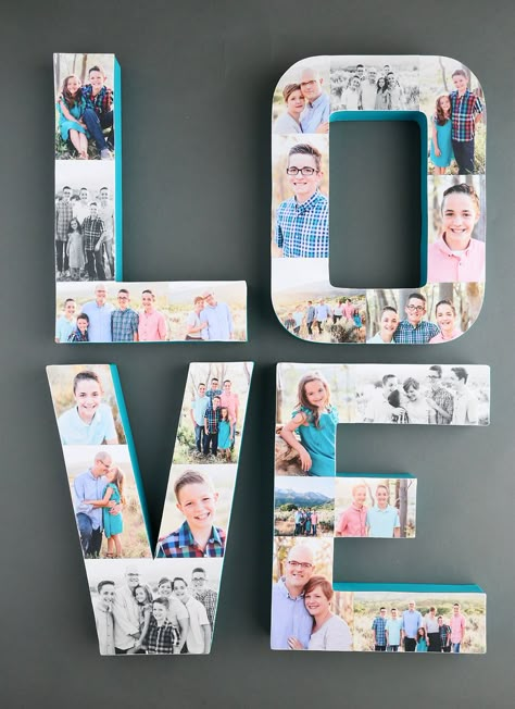 Pretty photo letters! How to create a photo collage on paper mache letters for a fun way to showcase favorite pictures. Photo Collage Letters, Decorate With Pictures, Collage Letters, Collage Crafts, Photo Collage Diy, Letter Collage, Paper Mache Letters, Collage Des Photos, Photo Crafts