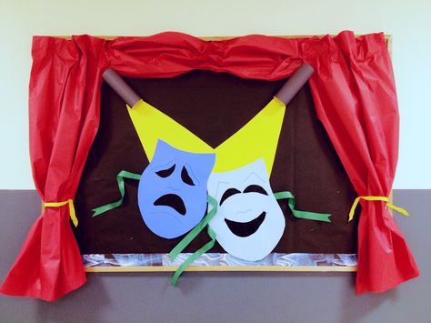 #theater #bulletinboards-- theater bulletin board, 3-d "curtains" made using red butcher paper Paper Curtains For Classroom, Theater Bulletin Board Ideas, Theater Classroom Ideas, Diy Movie Room, Kindergarten Subtraction Activities, School Hallway Displays, Drama Studio, Kindergarten Subtraction, Drama Classroom