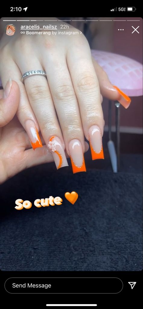 Orange Sets Nails, Orange French Tip Acrylic Nails, Orange Nails For Prom, Orange Prom Nail Ideas, Nails With Orange Dress, Orange Prom Nails Short, Prom Nails For Orange Dress, Orange Summer Acrylic Nails, Orange Nails Prom