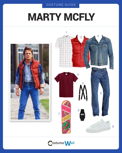 Dress Like Marty McFly from Back to the Future. See additional costumes and Marty McFly cosplays. Marty Mc Fly Costume, Costume Wall, Marty Mcfly Outfit, Back To The Future Costume, Marty Mcfly Women Costume, Marty Mcfly Halloween Costume, Marty Mcfly Costume, Marty Mcfly Halloween, Celebrity Couple Costumes