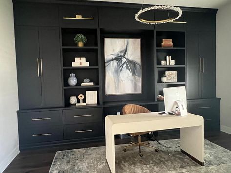 Creating a Home Office That Inspires Productivity | The French Refinery Home Office With Built In Bookshelves, Home Office Cabinets Built Ins, Custom Office Built Ins, Office Built In Cabinets, Home Office Ideas Modern, Custom Laundry Room Cabinets, Home Office With Built Ins, Efficient Home Office, Study Lounge