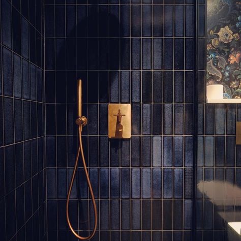 Dark Blue Tile, Blue Shower Tile, Navy Blue Tile, Dark Blue Bathrooms, Navy Bathroom, Blue Bathroom Tile, Stylish Bathroom, Dream Apartment, Dream House Interior