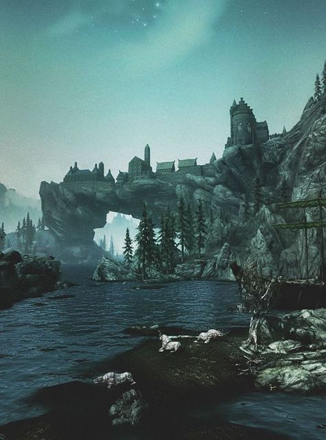 Solitude from the game Skyrim is a castle built upon a natural rock bridge formation. This design is interesting and creates many levels to the city and different approaches e.g. cliffs, docks beneath the bridge and a road that directly approaches the city. Odette Aesthetic, Beautiful Dovahkiin, Skyrim Scenery, Skyrim Wallpaper, Tes Skyrim, Skyrim Art, Elder Scrolls Art, Bubble Games, Elder Scrolls Skyrim