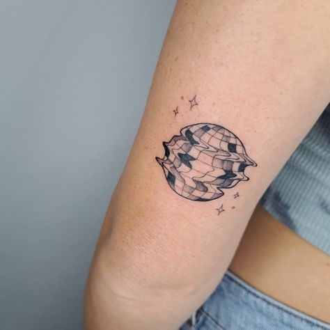 Objects In The Mirror Tattoo, Melting Disco Ball Tattoo, Disco Tattoos, Cancun Tattoo, Edm Tattoo, Disco Ball Tattoo, Mirror Tattoos, Ball Tattoo, Choose Her