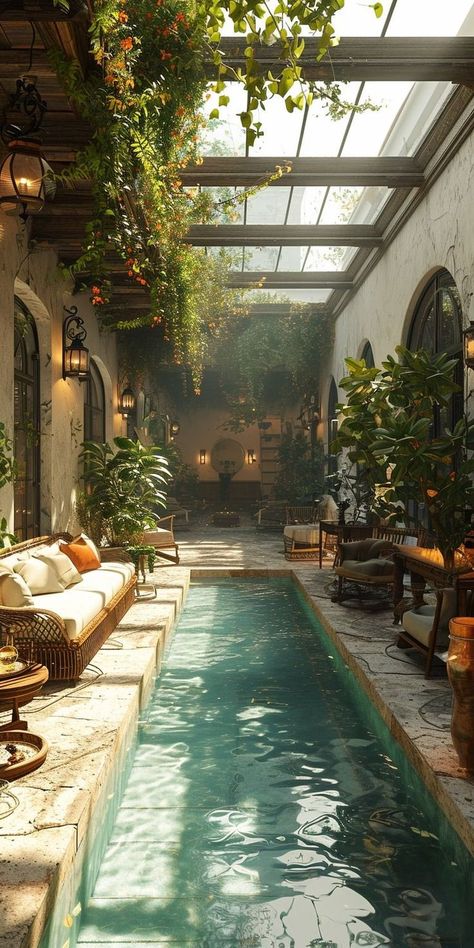 Mediterranean Backyard Ideas, Bloxburg Backyard, In House Garden, Aztec House, Indoor Pool House, Luxurious Pool, Beautiful Landscaping, Indoor Pools, Earthship Home