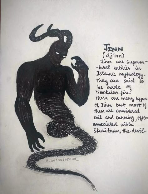 #4 𝕁𝕚𝕟𝕟 The fourth sketch of Inktober, Jinn are supernatural entities in the Islamic mythology. They are said to be made of 'smokeless fire.' There are many types of Jinn like Hinn, Ghoul, Jann, Marid, Ifrit, Shiqq, Nasnas and Palis, but most of them are considered evil and cunning, often associated with Shaitaan, the devil. Types Of Supernatural Beings, Ghoul Mythology, Ghouls Mythology, Different Types Of Demons, Jinns In Islam, Djinn Supernatural, Islamic Mythology, Djinn Mythology, Arabian Mythology