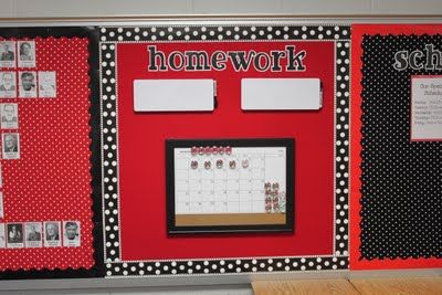 Red, Black and White classroom!! If it didn't have to completely redo everything in my room i would SO do this! :) Red Classroom Theme, Homework Board, Red Classroom, Teacher Desk Organization, Polka Dot Classroom, Disney Themed Classroom, Disney Classroom, Ladybug Theme, 5th Grade Classroom