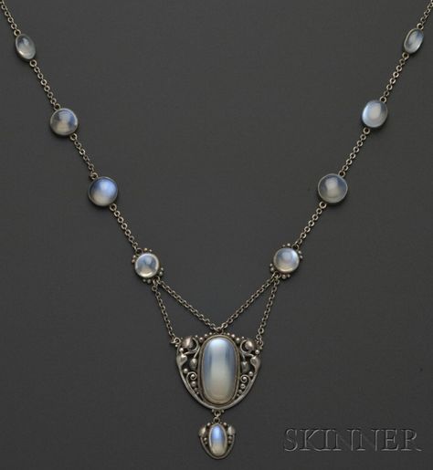 Arts & Crafts Silver and Moonstone Necklace, F.G. Hale | Sale Number 2539B, Lot Number 416 | Skinner Auctioneers Martha's Vineyard, Art Nouveau Jewelry, Epilator, Jewelry Armoire, Unique Necklace, Moonstone Necklace, Moonstone Jewelry, Deco Jewelry, Fantasy Jewelry