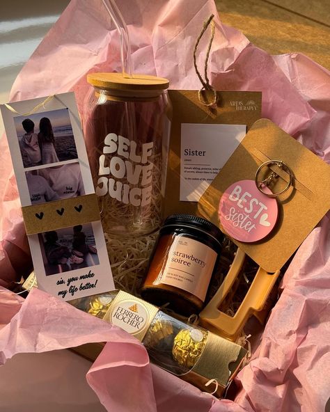 Celebrate Rakshabandhan with our 2024 gift hampers for Bhai and Behen! 🎁💕 Each hamper is filled with love and includes: 🫶 Personalised glassware 🫶 Best Brother/Sister keychain 🫶 Photo strip 🫶 Scented candle 🫶 Ferrero Rocher 🫶 Rakhi for brother/ Claw Clip for sister 🫶 A cute gift note! Show your sibling how much they mean to you with these adorable and thoughtful gifts! 💖✨ #Rakshabandhan2024 #SiblingLove #Artastherapyy Comment below “interested” for the product link 🔗 Accepting orders | ... Gift Hamper For Sister, Gift Ideas For Siblings, Cute Hamper, Keychain Photo, Rakhi For Brother, Personalized Glassware, Photo Strip, Best Sister, Ferrero Rocher