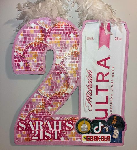 21st Birthdays 🤝🏼 Michelob Ultras Happy Birthday, Sarah!!🪩💖🍺 21 Necklace Sign, Sign Night 21st Birthday Themes, 21 Birthday Necklace Sign, Sign Night 21st Birthday, 21st Birthday Sign Ideas, 21 Sign, 21st Birthday Themes, 21st Birthday Sign, Happy Birthday Sarah