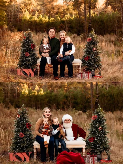 Family Christmas Pictures With Lights, Family 3 Christmas Pictures, Easy Christmas Family Pictures, Christmas Family Photos Outdoor Props, Santa Set Up For Pictures Outdoors, Christmas Photo With Santa, Diy Christmas Pictures Family Outside, Christmas Photo Set Up Outdoor Diy, Santa Photoshoot Set Up