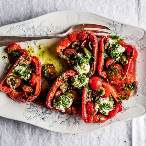 Roasted Red Peppers and Cherry Tomatoes With Ricotta Recipe | Bon Appétit Ricotta Peppers, Roast Cherry Tomatoes, 2025 Meals, Ricotta Recipe, Ricotta Recipes, Roasted Cherry Tomatoes, Roasted Mushrooms, Roasted Peppers, Roasted Red Peppers