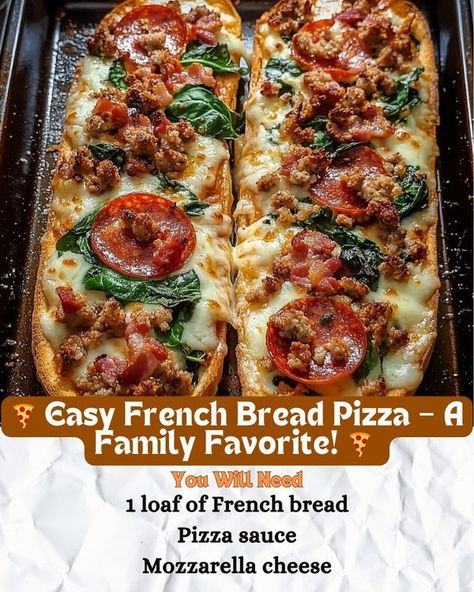 The Recipe Mingle | I pick up the $1 French bread from Walmart, split it down the middle, and load each side with different toppings | Facebook French Bread Recipe, French Bread Pizza, Bread Pizza, I Pick, French Bread, Jamie Oliver, Pizza Sauce, Bread Recipes, Mozzarella