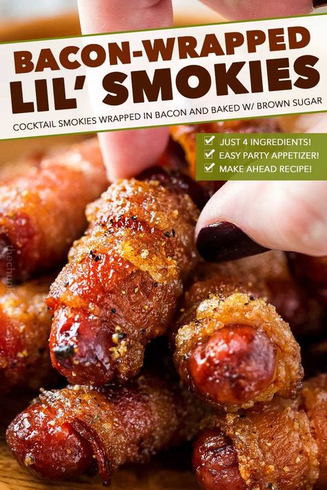 Classic cocktail smokies are wrapped in smoky bacon, coated with a spicy brown sugar rub, and baked until crispy and oh so addicting!  Perfect for game day, tailgating, a party, or a fun night at home! #partyfood #appetizer #gameday #lilsmokies #cocktailsmokies #cocktailweiners #bacon Cocktail Smokies, Bacon Wrapped Lil Smokies, Smokies Recipe, Bacon Wrapped Smokies, Little Smokies, Lil Smokies, The Chunky Chef, Chunky Chef, Make Ahead Appetizers