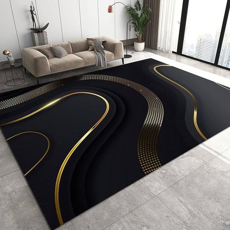 Amazon.com: TAZECE Abstract Black Gold Ribbon Living Room Rug, Stylish 3D Black Background Soft Breathable Bedroom Rug, with Anti-Slip Backing, Easy to Clean Rugs, for Office Restaurant Entrance 5x7ft : Home & Kitchen Beautiful Area Rugs, Living Rugs Ideas, Black And Gold Rugs, Black Gold White Living Room, Black And Gold Living Room Decor, Black Glam Living Room, Black And Gold Living Room Ideas, Aesthetic Apartment Living Room, Gold Black Living Room