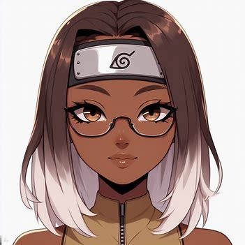 Naruto screencap headband of a brown female with chocolate skin, ombre white hair, eyes, square face , plum pink lips , small nose, glasses. She is beautiful. She is wearing a gold outfit - Image Creator from Microsoft Bing Ombre White Hair, Naruto Character Creator, Poc Anime, Ninja Girl, Small Nose, Black Afro, Naruto Oc Characters, Gold Outfit, Square Face