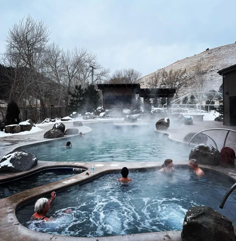 Hot Tub In Winter, Snow Hot Springs, Ski Hot Tub, Bozeman Hot Springs, Hot Tub In Winter Photo, Hot Tub Snow, Ski Resort Architecture, Snowy Hot Tub, Yellowstone Hot Springs