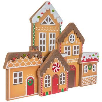 Dimensions: 13" H x 18.5" W x 2.84" D Material: MDF, Plastic & Foam Color: Brown, Red, Green & White Pattern: Stripes Quantity: 1 Create a sweet holiday display using this Wood Gingerbread Village! This MDF piece features five different gingerbread buildings decorated with white frosting and candy accents. It is perfect for creating a cute gingerbread-themed Christmas presentation. Set it out on your entryway table or countertop to add a fun and festive element to your holiday decor! Foam Board Gingerbread House, Outdoor Christmas Village, Foam Board Christmas Decorations, Hobby Lobby Gingerbread Decor, Gingerbread Decorations Christmas, Gingerbread Christmas Decor Kitchen, Gingerbread House Pictures, Gingerbread House Template, Christmas Parade Floats