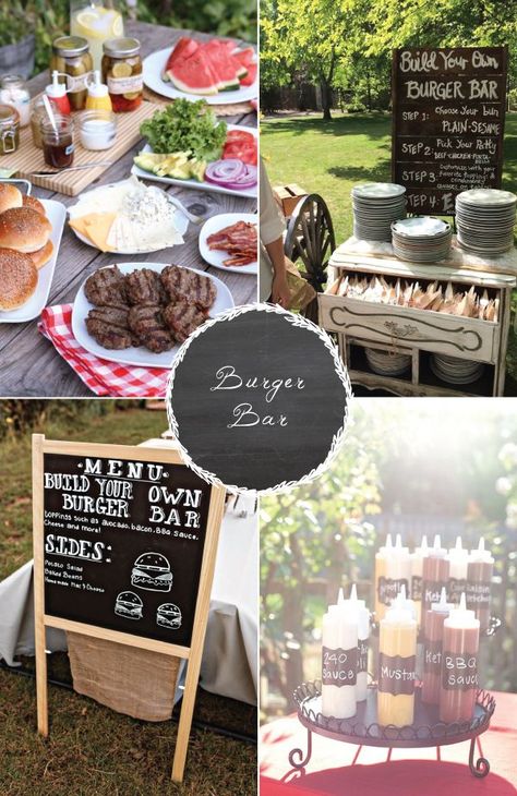 eight Meals Stations Your Visitors Are Certain To Love  #guests #stations Hamburger Bar, Burger Bar Party, Outdoor Bbq Party, Burger Ideas, Diy Wedding Food, Burger Party, Wedding Food Stations, Billy B, Waffle Bar