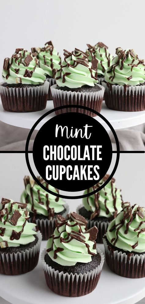 Moist chocolate cupcakes, mint buttercream, chocolate ganache, and chocolate mint candy! Mint Buttercream Frosting, Mint Chocolate Recipes, Mint Buttercream, Mint Chocolate Candy, Mint Chocolate Cupcakes, Mint Chocolate Desserts, Moist Chocolate Cupcakes, Mint Frosting, Dark Chocolate Cupcakes