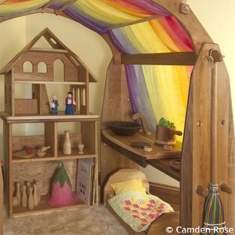 A magical hideaway is made by draping rainbow play silks on the canopy of our natural wooden playstands. Stimulating creativity and imaginative play with natural toys made in the USA. Waldorf Playroom, Waldorf Preschool, Waldorf Kindergarten, Play Spaces, Natural Toys, Waldorf Toys, Classroom Design, Salou, Waldorf Inspired