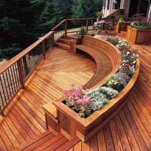 WOW! I really like this. I would put some rosemary and lavender in the planters... Pergola Furniture, Dream Deck, Patio Pergola, Wooden Deck, Backyard Seating, House Updates, Real Estat, Built In Seating, Outside Living