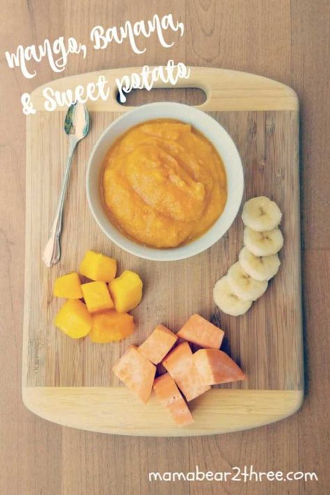 MamasLatinas.com : Mango: This puree is perfect if your little one has a sweet tooth. : 40 Homemade baby food recipes with Latin ingredients -- This puree adds mango to two baby food favorites—sweet potato and banana. Though it's on the sweet side, it's packed with nutrients and healthy fats. It would make for a nice after-dinner snack or even a tasty breakfast for baby.  Get the full recipe from Mama Bear 2 Three. Diy Baby Food, Easy Baby Food Recipes, Baby Food Pouch Recipes, Healthy Baby Food, Baby First Foods, Baby Puree Recipes, Baby Puree, Diy Bebe, Homemade Baby Foods