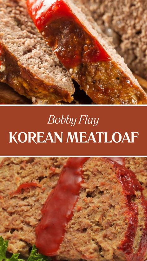 Bobby Flay Korean Meatloaf Korean Hamburger Recipe, Asian Meatloaf Recipes, Gochujang Meatloaf, Bobby Flay Meatloaf Recipe, Bobby Flay Meatloaf, Kimchi Meatloaf, Korean Meatloaf, Beef And Pork Meatloaf, Ketchup Rice