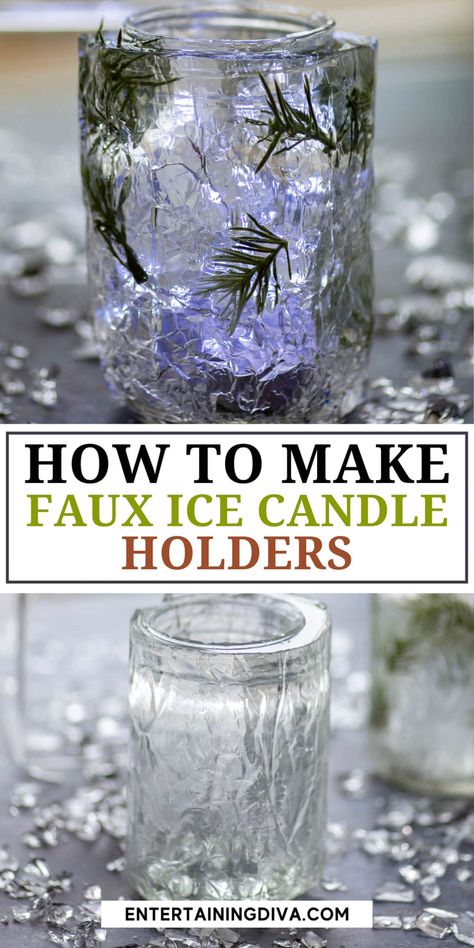 Winter Wonderland Decor: DIY Faux Ice Candle Holders | Winter Wonderland Party Winter Wonderland Decor, Winter Table Decor, Ice Candle, Wonderland Decorations, Wonderland Decor, Mason Jar Candle Holders, Winter Wonderland Decorations, Easy Party Decorations, Jar Candle Holder