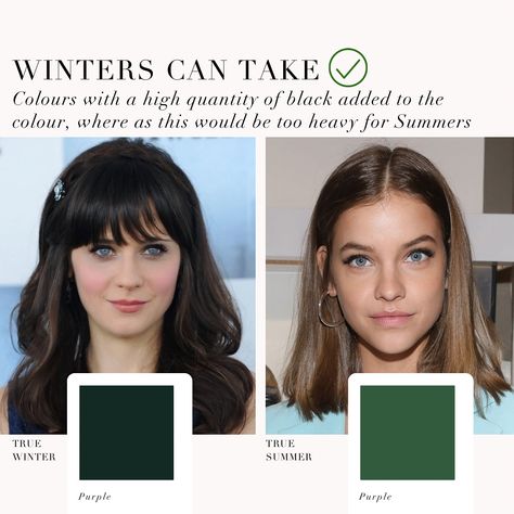 True Winter VS True Summer comparison 🖤 . #coloranalysis #colouranalysis #winterpalette #truewinter #truesummer #summepalette #coloranalyst #zooeydeschanel #barbarapalvin Cool Winter Vs Cool Summer, True Summer Hair, Summer Brown Hair, Season Analysis, Colour Season, Color Seasons, Dark Ash Blonde, Colour Analysis, True Summer