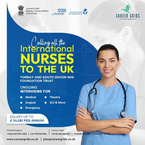 Dear Aspiring Nursing Professionals please find the upcoming Interview for the NHS Trusts UK. Minimum 6 months work experience required with a valid IELTS (or) OET certificate with the UK scores #CareerGrids #Jobs #Careers #HealthCare #HealthCareJobs #NHSRecruitment #Nurse #Nursing #RN #RegisteredNurse #UK #UKJobs #NursingJobsUK #NursesUK #NHS #NHSJobs #NHSTrusts #Devon #DevonNHSJobs #DevonNHSTrust #DevonNHSPartershipTrusts #HealthCareCareers #HealthCareRecruitment #Medical #Hospital Healthcare Social Media, Hiring Poster, Job Poster, Healthcare Careers, Nursing Courses, Healthcare Jobs, Recruitment Poster, Professional Nurse, Medical Hospital