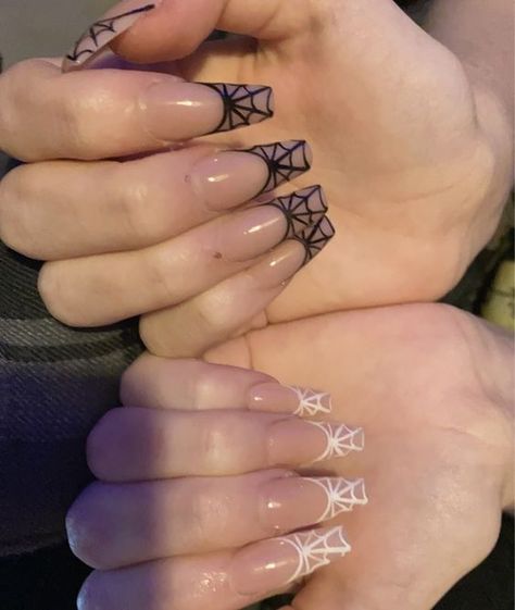 Nail Inspo Spider Web, Grey Spider Web Nails, Halloween Nails Ballerina Shape, Simple Spiderweb Nails, Spiderweb Acrylic Nails, Nails For Back To School Acrylic, Spiderweb French Tip Nails, Spider Acrylic Nails, Spider Web French Tip Nails