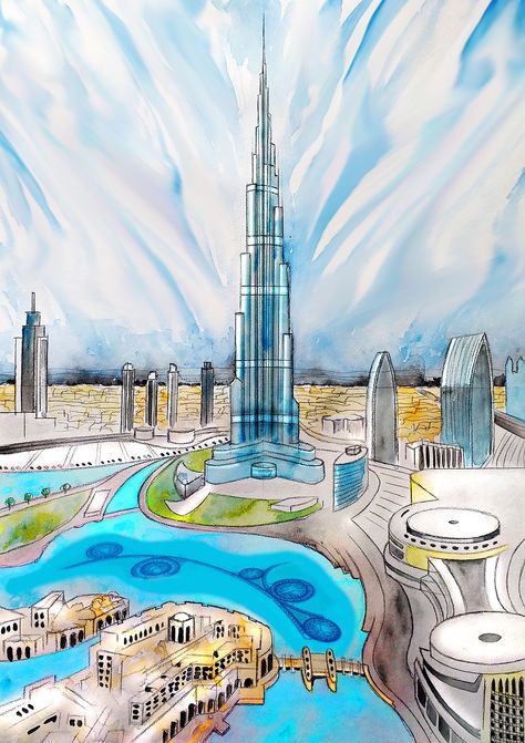 Dubai U A E, #Dubai Burj Khalifa Architecture, Architecture Painting Acrylic, Dubai Burj Khalifa, Dubai Art, Holiday Booking, Islamic Art Canvas, Drawing Ideas List, Digital Invitations Wedding, Dream Hotels