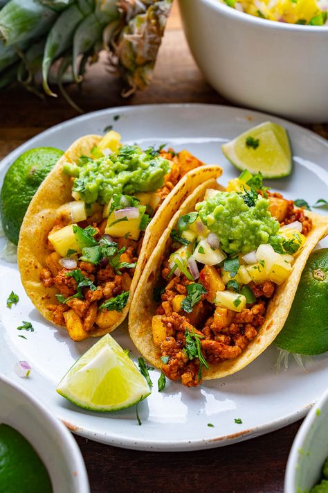 Ground Pork al Pastor Tacos with Pineapple Salsa Pork Pineapple Tacos, Pineapple Pork Tacos, Pork Al Pastor Tacos, Pork Al Pastor, Tacos With Guacamole, Taco Al Pastor, Al Pastor Recipe, Ground Pork Tacos, Tacos Al Pastor Recipe