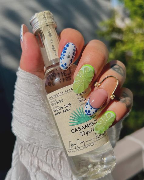 Tequila x 🍋‍🟩🍋‍🟩🍋‍🟩🍋‍🟩 💍💍💍 @byirys and @chvkerjewelry #nails #nailart #longnails #shortnails #roundnails #nailsoftheday #nailsofinstagram #nailinspo #trendynails #trendingnailart #fresno #fresnonails #nailtrends #chromenails #nailsoftheweek #auroanails #nailvideos #viralnails #christrionails #lightelegance #hardgel extensions #tequilanails #tequilaandlime Tulum Inspired Nails, Tequila Inspired Nails, Alcohol Inspired Nails, Tequila Lime Nails, Tequila Bottle Nails, Rave Nail Ideas, Positano Nails, Bartender Nails, Tequila Nails Design