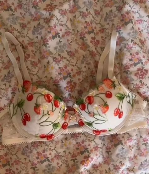 Strawberry Bra, Black Hair Video, 2000s Outfit, Pretty Bras, Cute Bras, Virtual Closet, Pink Outfits, Bra And Panty Sets, Bras And Panties