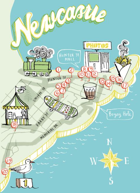 AMAZING custom illustrated map by the stupendously talented Kat Chadwick – IMMENSE thanks to Kat!   Thanks also to Jeremy Wortsman / Jacky Winter for hooking this up!  ’Newcastle’ header based on Trevor Dickinson’s ‘Newcastle Productions‘ branding, supplied with his permission – thanks Trevor! Newcastle City, Map Inspiration, Hipster Coffee, Newcastle Australia, Newcastle Nsw, Australia Map, Newcastle Upon Tyne, I Want To Travel, City Guides