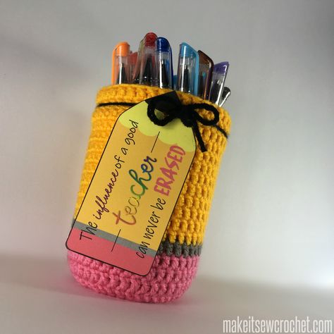 Pencil Mason Jar, Crochet Jars, Pencil Crochet, School Crochet, Esperanza Rising, Crochet Teacher Gifts, Coffee Cozies, Unique Teachers Gift, Teacher Appreciation Gifts Diy