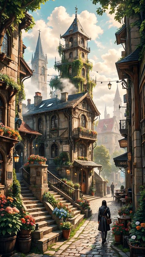 Fantasy City Street, Fantasy City Concept Art, Urban Fantasy Inspiration, Tiny Glade, Clip Art Frames Borders, Fantasy Town, My Fantasy World, Fantasy Homes, Fantasy City