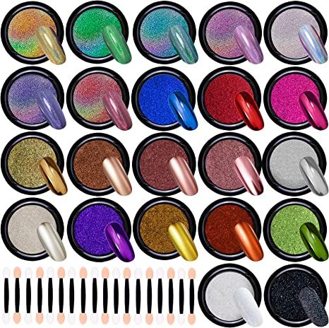 Amazon.com: Duufin 22 Colors Chrome Powders Metallic Nail Powder Mirror Chrome Nail Powder Holographic Shining Sugar Effect Glitter Nails Art Powder with 22 Pcs Eyeshadow Sticks, 1g/Jar : Beauty & Personal Care Nail Art Paillette, Holographic Nail Powder, Gold Chrome Nails, Metallic Nail Art, Pedicure Nail Designs, Chrome Nail Powder, Eyeshadow Pencil, Metallic Powder, Gel Polish Manicure