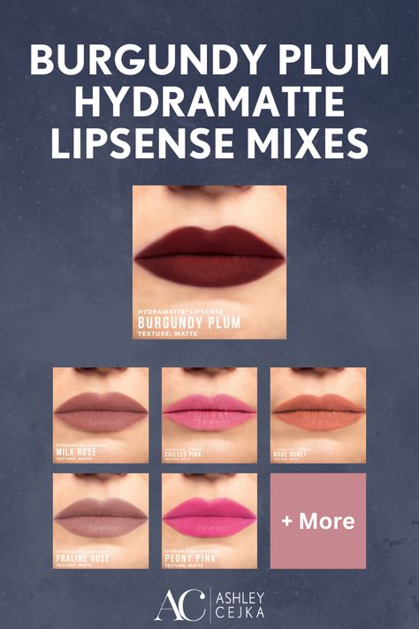 Create the perfect custom lip look with long-lasting, one step colors from SeneGence's Burgundy Plum HydraMatte LipSense. Get inspiration for your next makeup look by mixing and matching with Peony Pink, Milk Rose, Nude Honey, Chilled Pink, and Praline Rose. Experience the hydrating and staying power of HydraMatte LipSense! Click to learn more. Senegence Hydramatte, Hydramatte Lipsense, Senegence Makeup, Long Lasting Lip Color, Lipsense Colors, Pink Texture, Peony Pink, Pink Milk, Lip Swatches