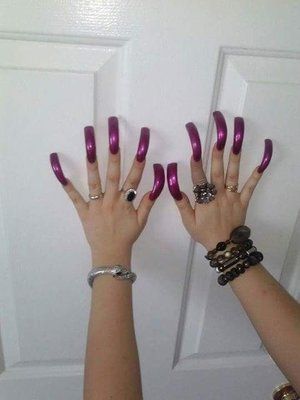 Long Ugly Nails, Pink Nails Extra, Ugly Acrylic Nails, Ugliest Nails, Long Curved Acrylic Nails, Curved Acrylic Nails, Extra Long Acrylic Nails, Acrylic Nails Purple, Ugly Nails