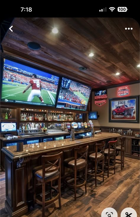 Garage Sports Bar Ideas, Cabin Game Room Ideas, Basement Remodel Man Cave, Sports Bar Basement Ideas, Basement Sports Bar Ideas, Party Cabin, Bar In Basement, Finished Basement Bars, Basement Sports Bar