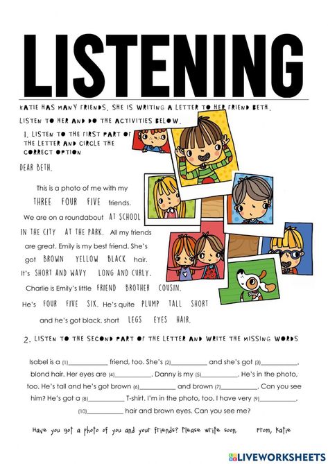 Listening Worksheets For Kids, Friends Worksheet, English Liveworksheet, Listening Worksheet, Describing People, Listening English, Grammar Workbook, Listening Activities, English Listening