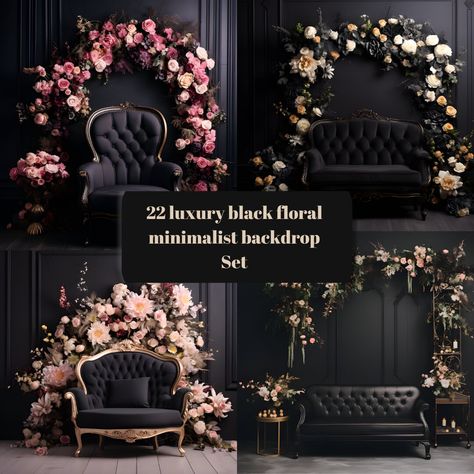 "🌟 Elevate Your Space with Elegance! 🌟 Introducing our luxurious Black Minimalist Floral Backdrop - the perfect blend of sophistication and simplicity! 🖤🌸 Transform your home, office, or event with this stunning digital backdrop that effortlessly marries timeless style with modern design. 🏡✨ Reasons to Choose Our Black Minimalist Floral Backdrop: 1️⃣ Unmatched Quality: Immerse yourself in the beauty of high-resolution graphics that capture every intricate detail, ensuring a premium visual e Black Floral Backdrop, All Black Wedding Decor, All Black Decorations Party, Black Floral Decor, Reception Stage Decor, Elegant Backdrop, Flower Backdrop Wedding, Dream Wedding Decorations, Black Backdrop